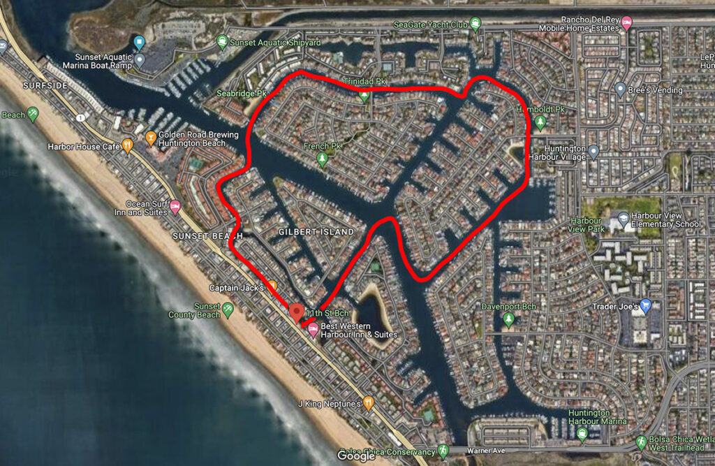 Map for kayaking at huntington harbor, huntington beach, ca