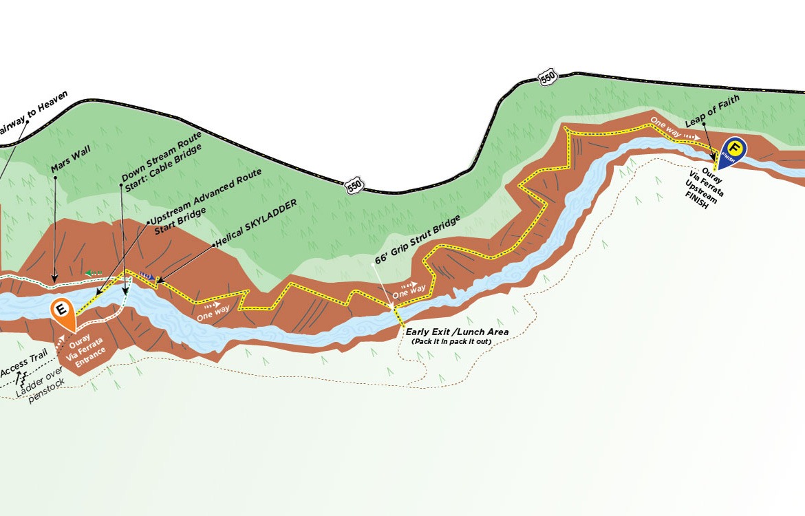 Route map for Ouray Via Ferrata Upstream Route