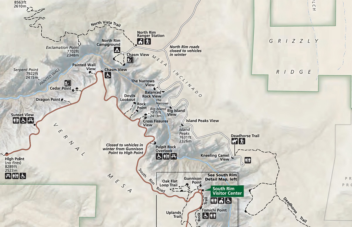 Map of North Rim Scenic Road of Black Canyon of Gunnison National Park