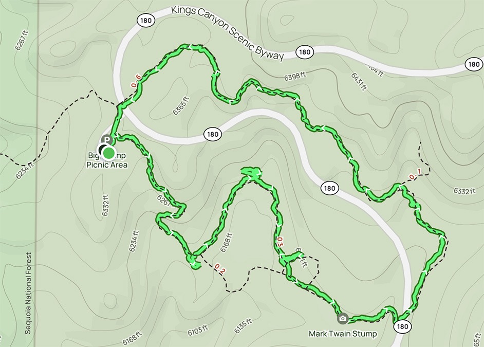 Map for Big Stump Loop Trail in Kings Canyon National Park