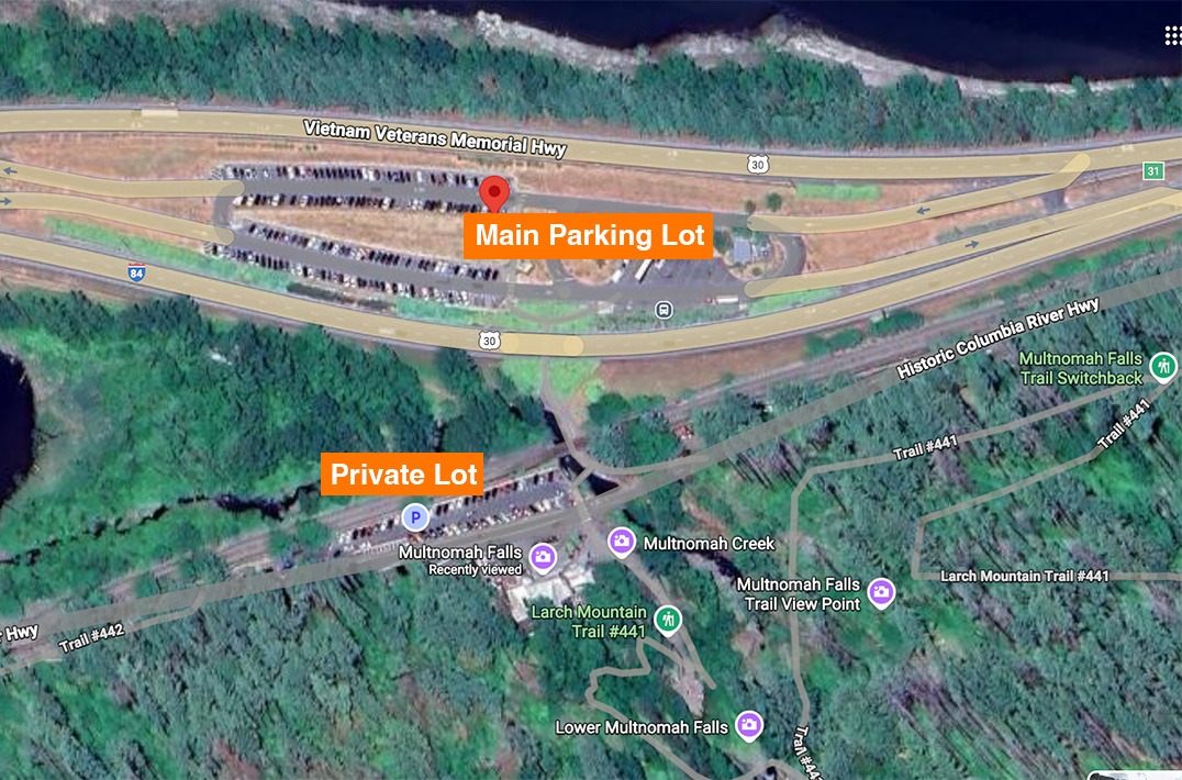 Parking for Multnomah Falls in Columbia River Gorge Waterfall Corridor, Oregon