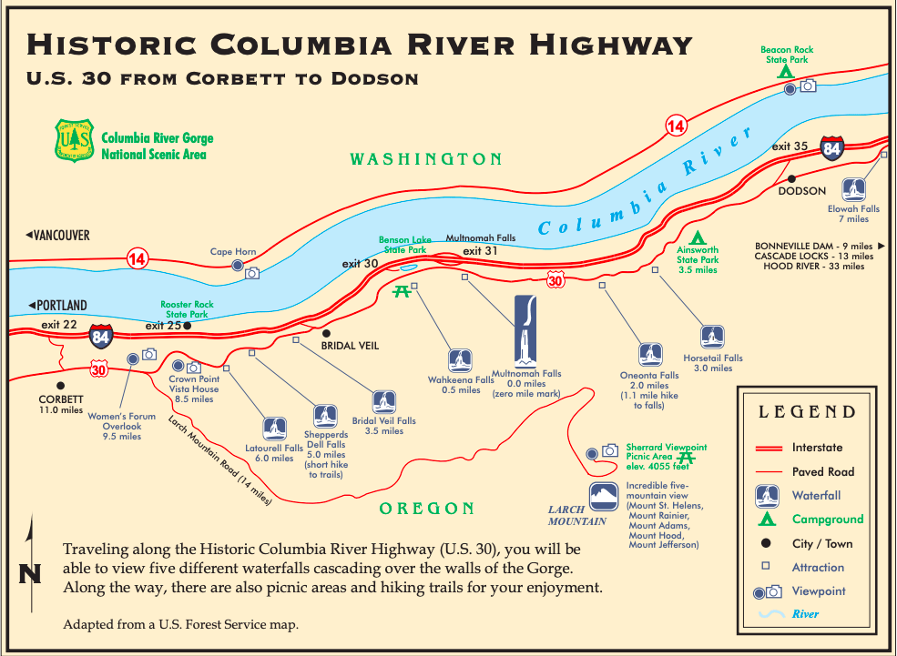 Map for Columbia River Gorge Waterfall Corridor, Oregon