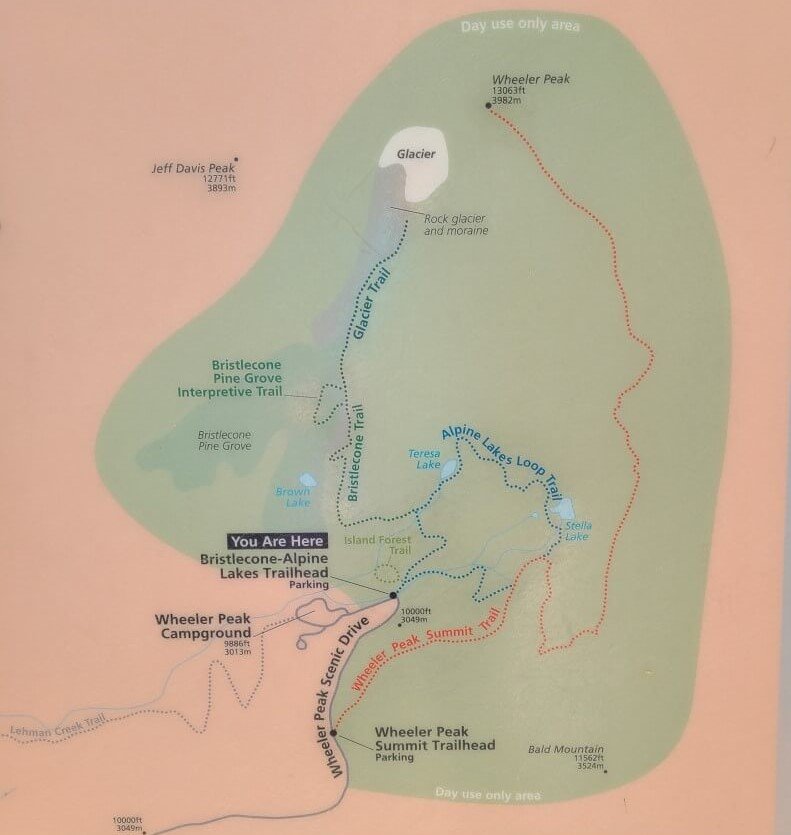 Map for Bristlecone to Glacier trail in Great Basin National Park